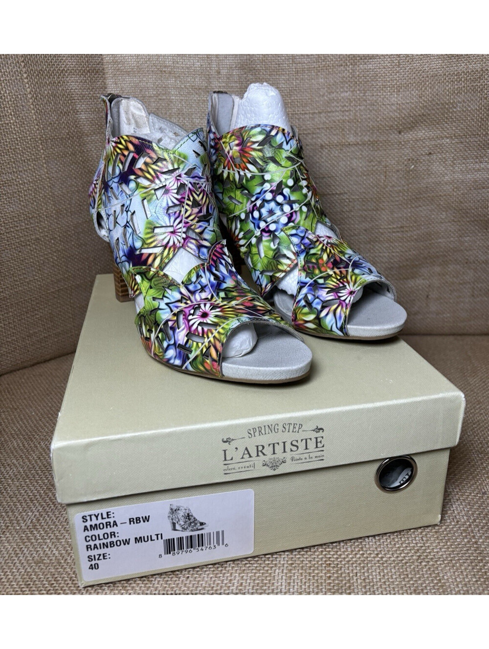 Spring Step L'Artiste Amora Fire Leather Rainbow Peep Toe Sandals Size 40  US9